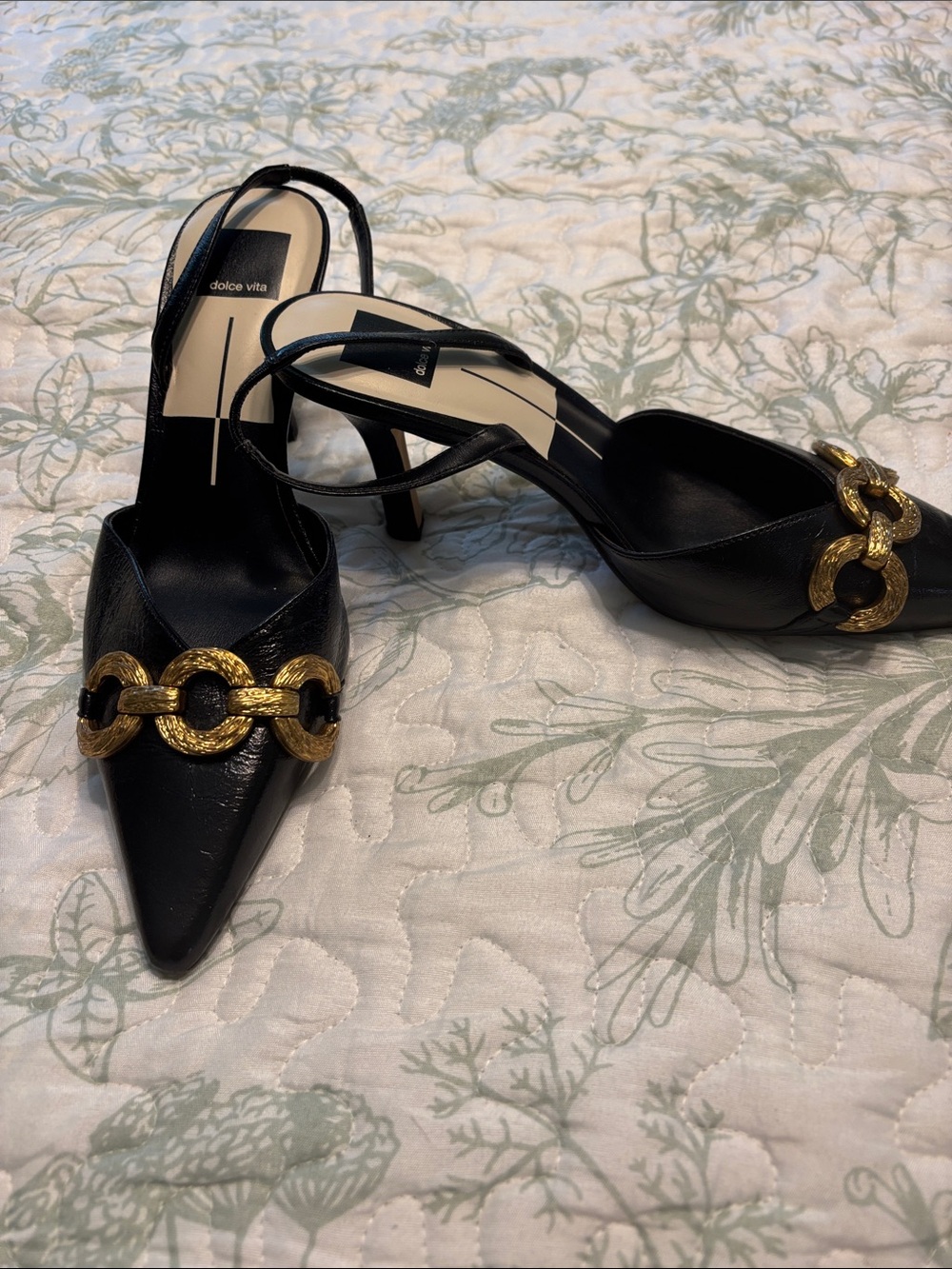 Dolce Vita Black Pointed Slingback Heels with Gold Chain Accent